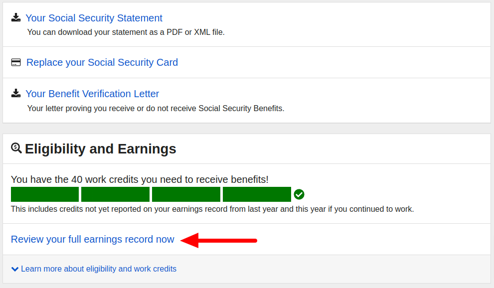 Screenshot of ssa.gov showing the link to the earnings record.