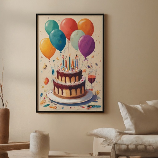 Birthday poster hung on a wall with cake and balloons